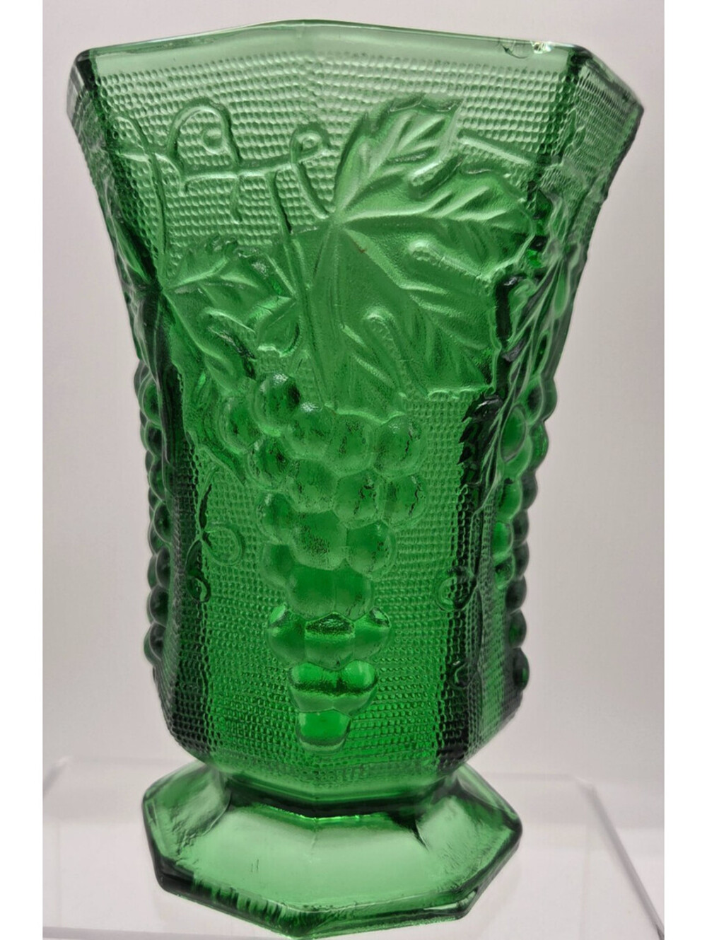 Vintage Green Depression Glass Grape Vine Vase Spooner Hexagonal Emerald Glass